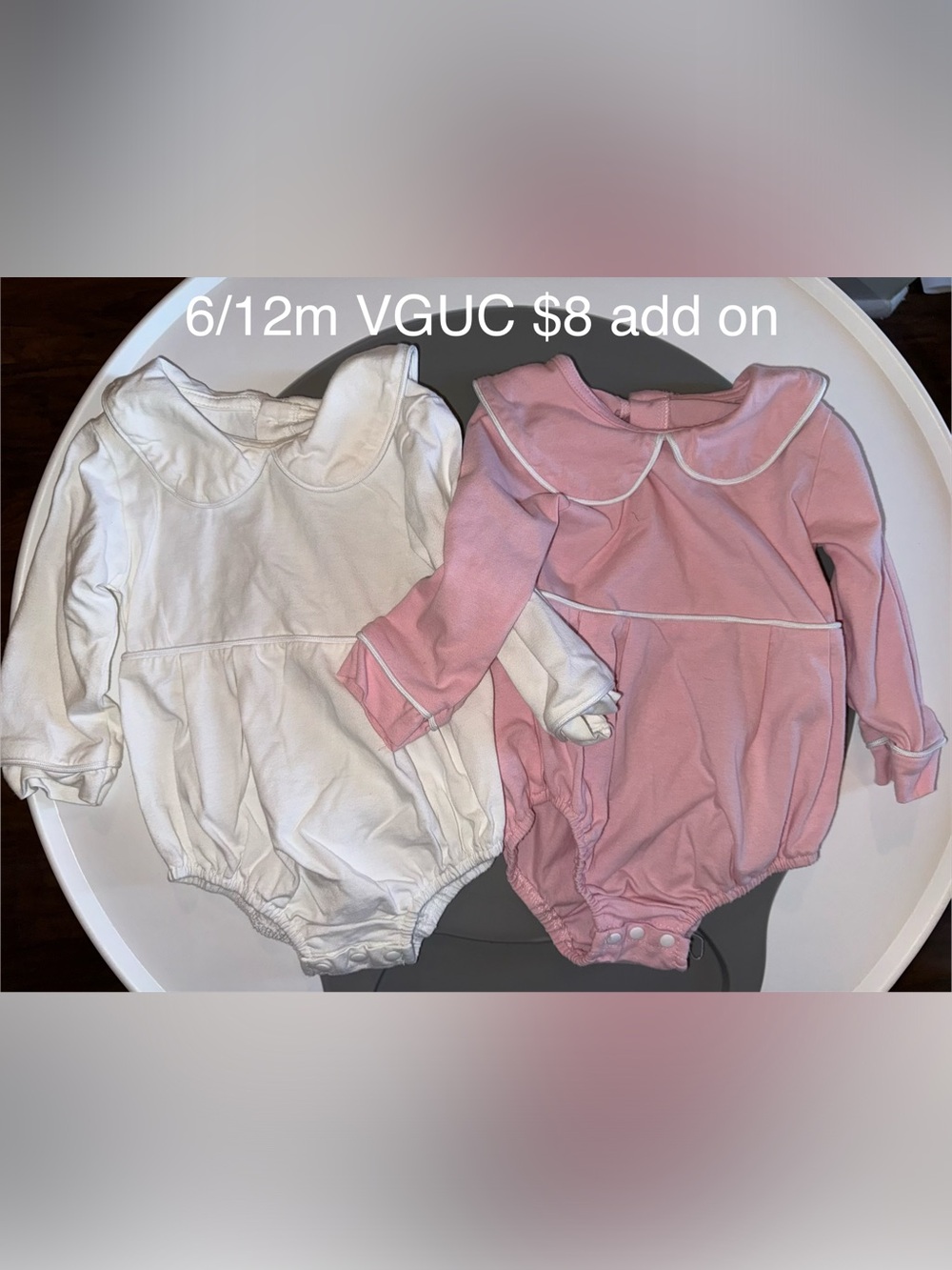 Baby Girl Long-Sleeve Bodysuits with Peter Pan Collars in White & Pink